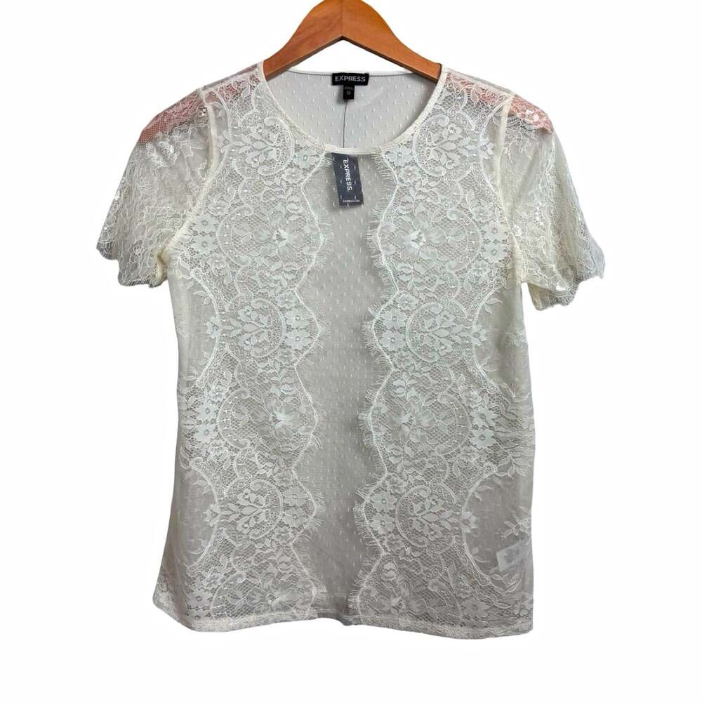 Express White Sheer Lace Mesh Floral Blouse Short Sleeve Round Neck Size XS NWT